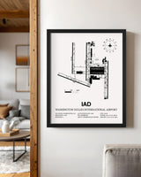 Framed Detailed Airport Map of Washington Dulles International Airport (IAD) in White with a Black Frame