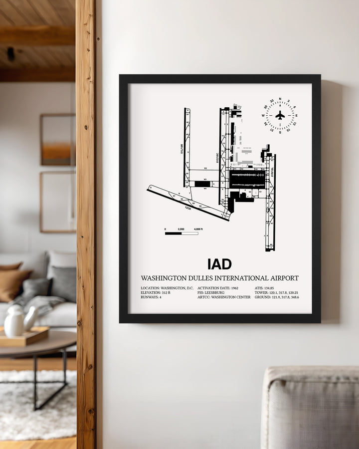 Framed Detailed Airport Map of Washington Dulles International Airport (IAD) in White with a Black Frame