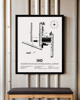 Framed Detailed Airport Map of Washington Dulles International Airport (IAD) in White with a Black Frame