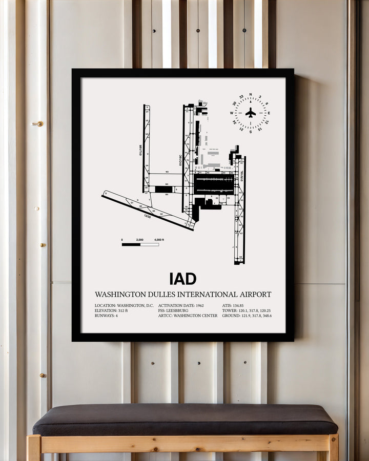 Framed Detailed Airport Map of Washington Dulles International Airport (IAD) in White with a Black Frame