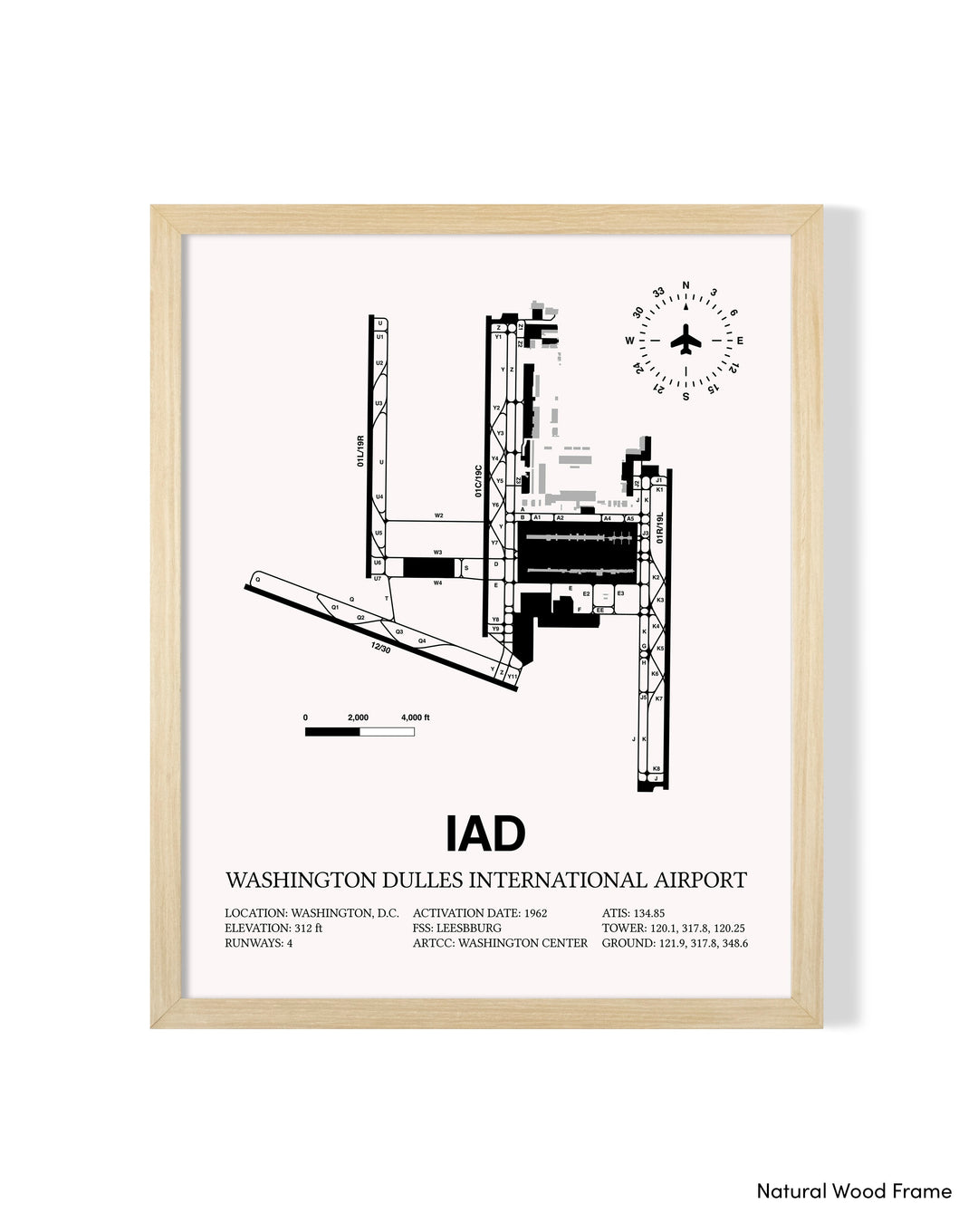 Detailed Airport Map of Washington Dulles International Airport (IAD) in White with a Natural Frame
