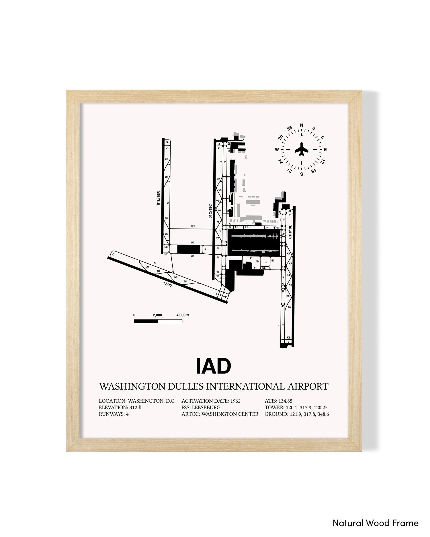 Detailed Airport Map of Washington Dulles International Airport (IAD) in White with a Natural Frame