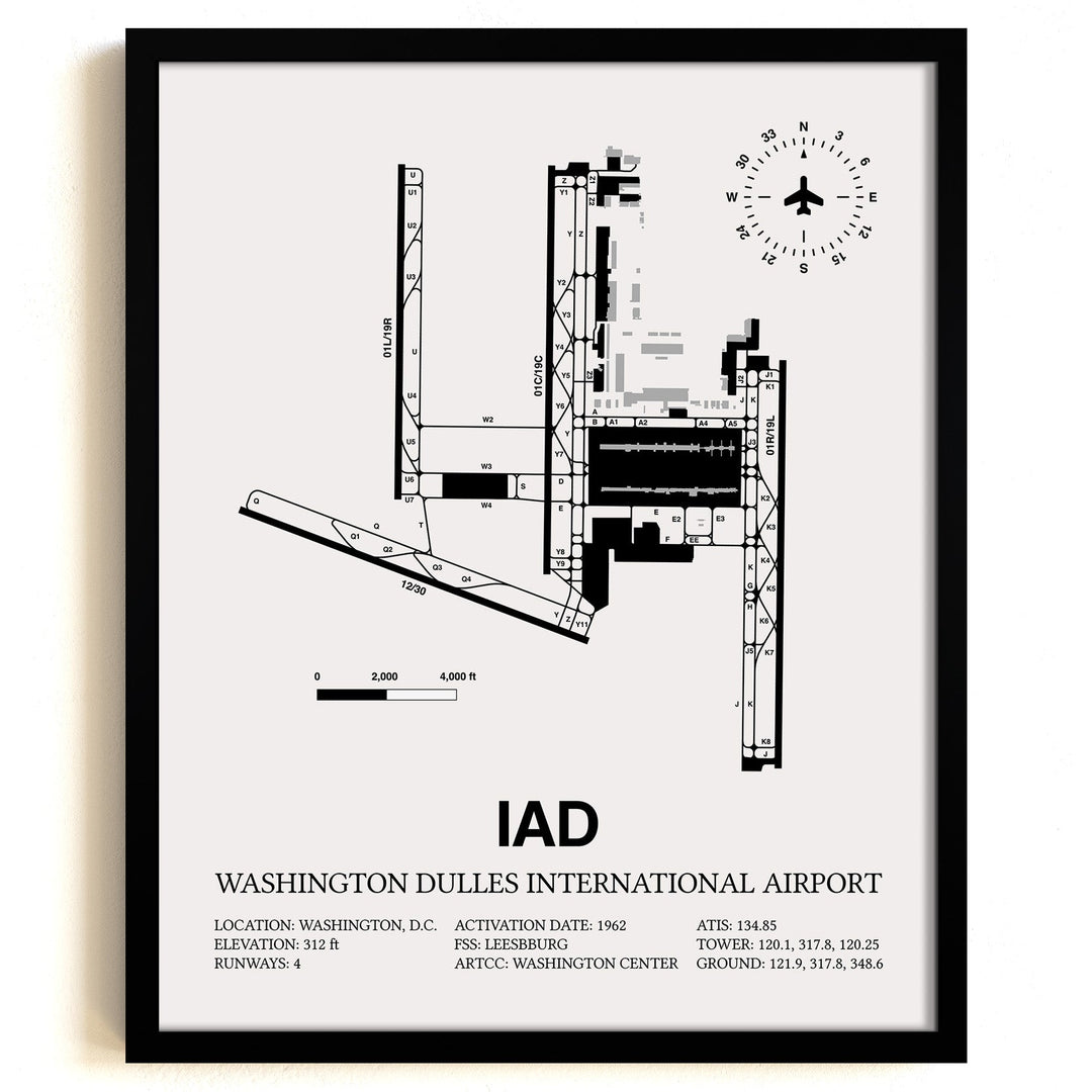 Framed Detailed Airport Map of Washington Dulles International Airport (IAD) in White with a Black Frame
