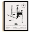 Framed Detailed Airport Map of Washington Dulles International Airport (IAD) in White with a Black Frame