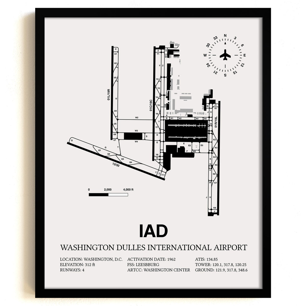 Framed Detailed Airport Map of Washington Dulles International Airport (IAD) in White with a Black Frame
