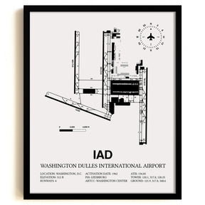 Framed Detailed Airport Map of Washington Dulles International Airport (IAD) in White with a Black Frame