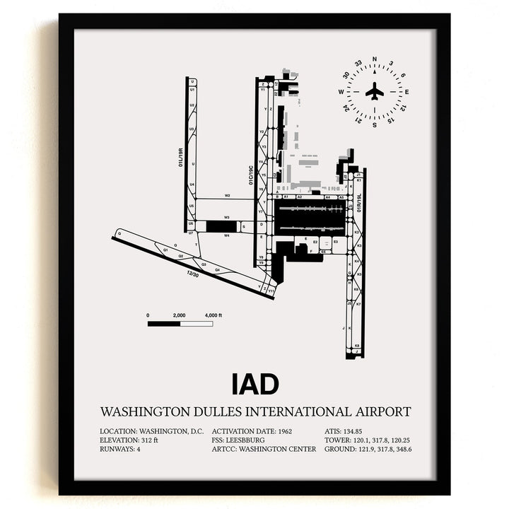 Framed Detailed Airport Map of Washington Dulles International Airport (IAD) in White with a Black Frame