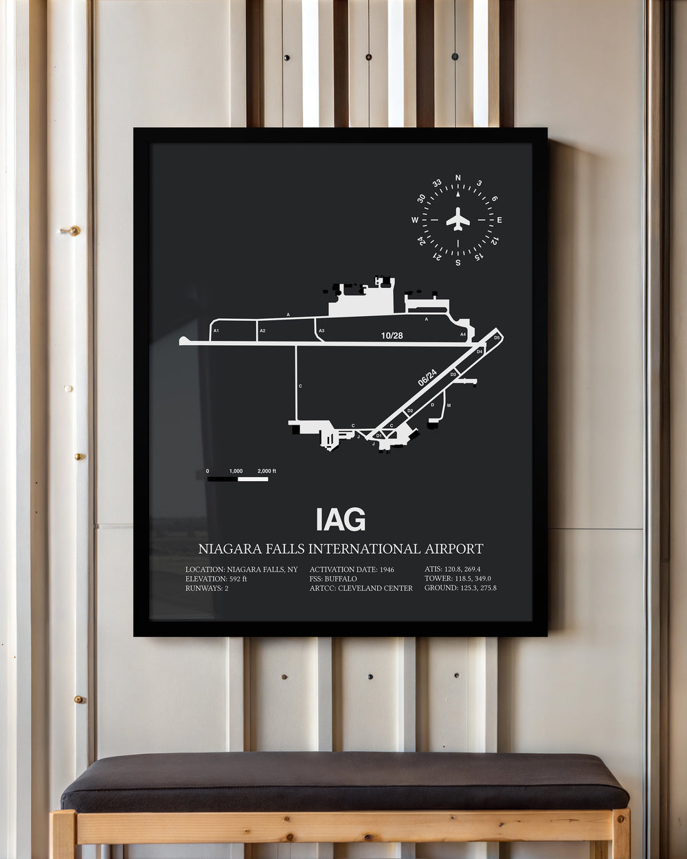 Framed Detailed Airport Map of Niagara Falls International Airport (IAG) in Gray with a Black Frame