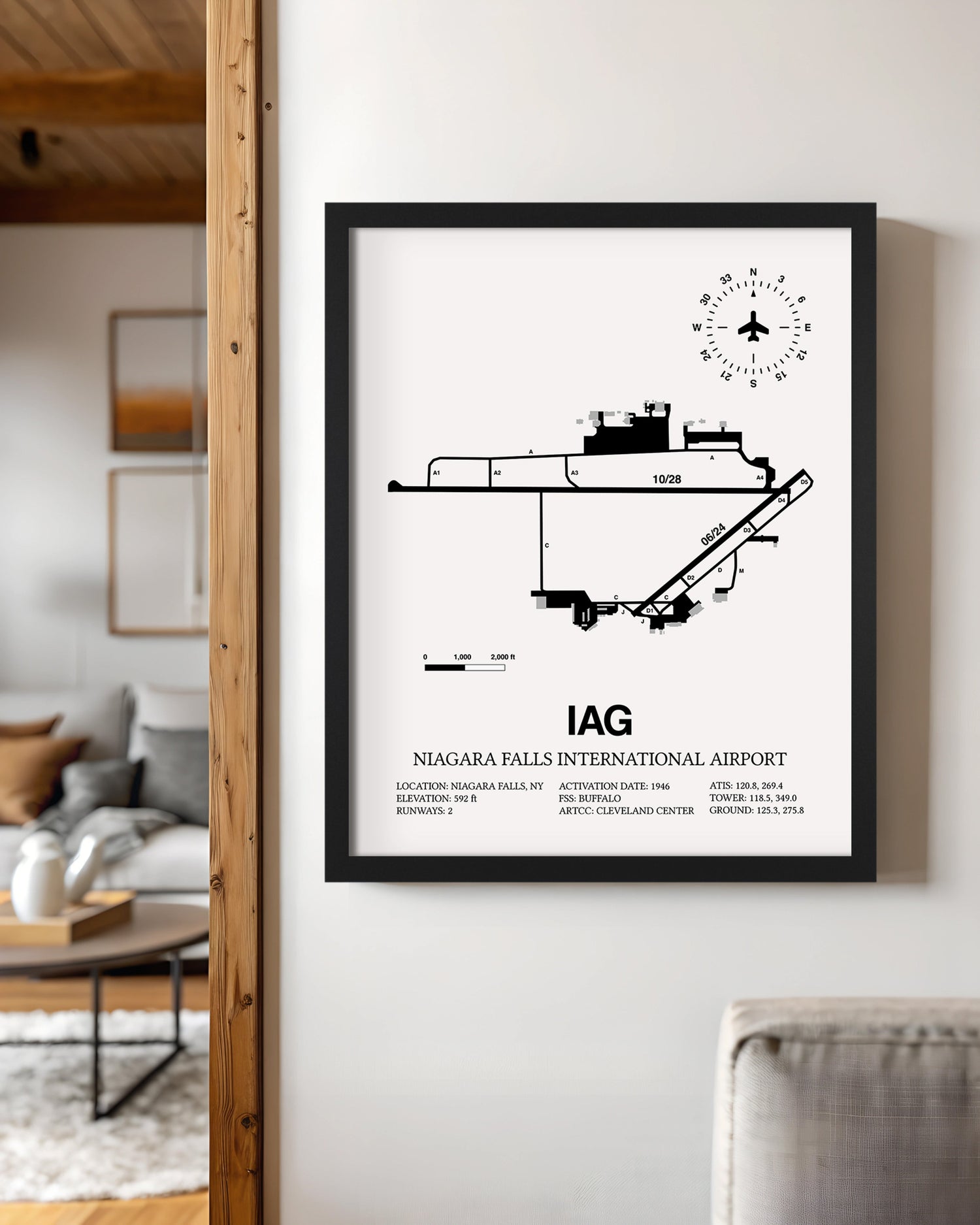 Framed Detailed Airport Map of Niagara Falls International Airport (IAG) in White with a Black Frame