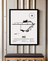 Framed Detailed Airport Map of Niagara Falls International Airport (IAG) in White with a Black Frame