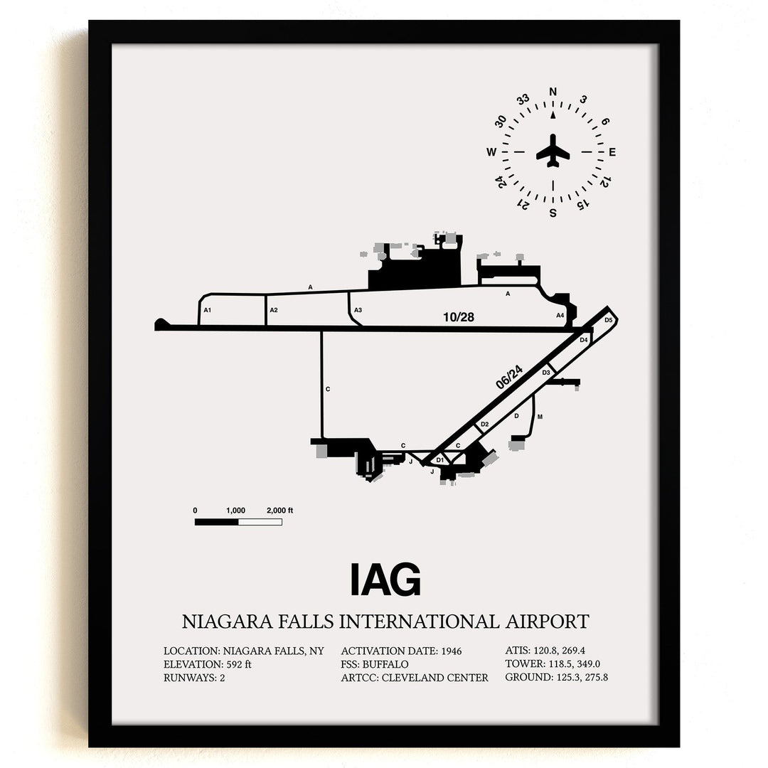 Framed Detailed Airport Map of Niagara Falls International Airport (IAG) in White with a Black Frame