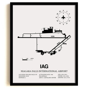 Framed Detailed Airport Map of Niagara Falls International Airport (IAG) in White with a Black Frame