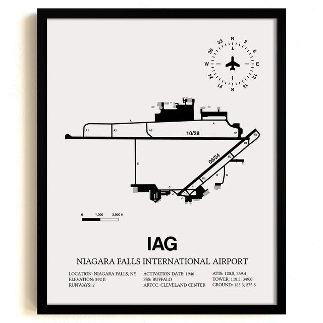 Framed Detailed Airport Map of Niagara Falls International Airport (IAG) in White with a Black Frame
