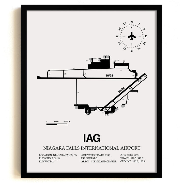 Framed Detailed Airport Map of Niagara Falls International Airport (IAG) in White with a Black Frame