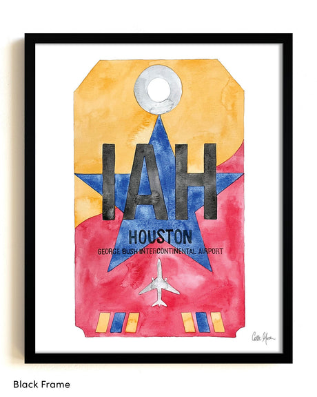 Framed Watercolor Print of George Bush Intercontinental Airport (IAH) with a Black Frame