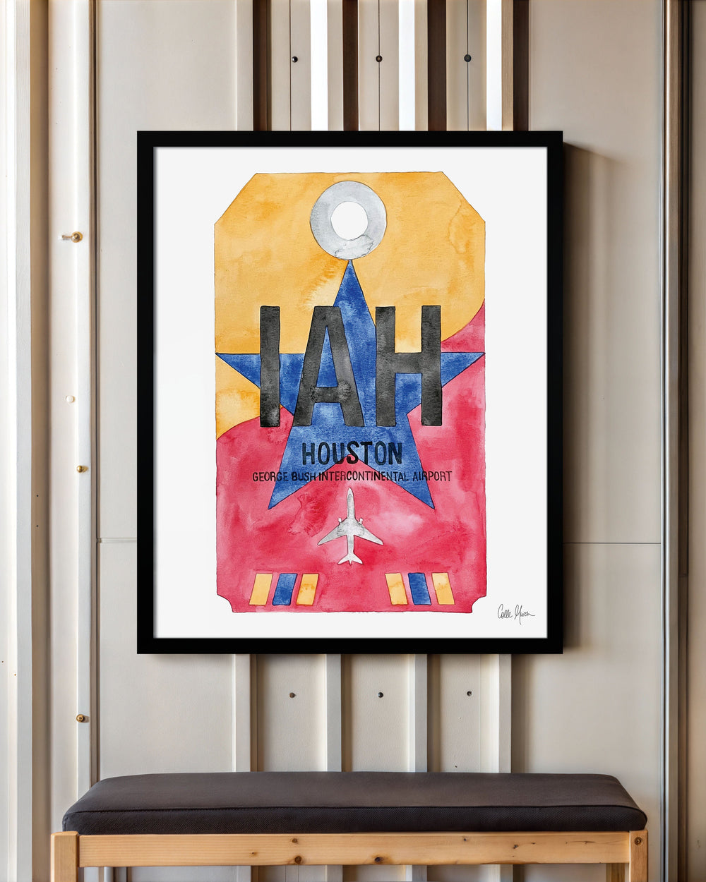 Framed Watercolor Print of George Bush Intercontinental Airport (IAH) with a Black Frame