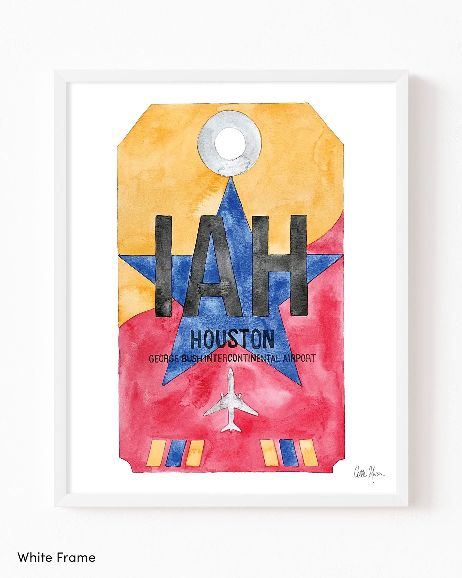 Framed Watercolor Print of George Bush Intercontinental Airport (IAH) with a White Frame