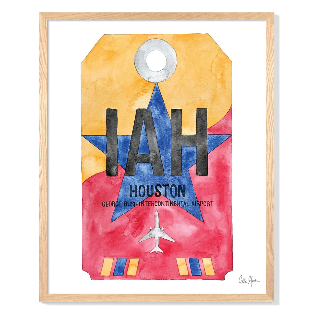 Framed Watercolor Print of George Bush Intercontinental Airport (IAH) with an Oak Frame