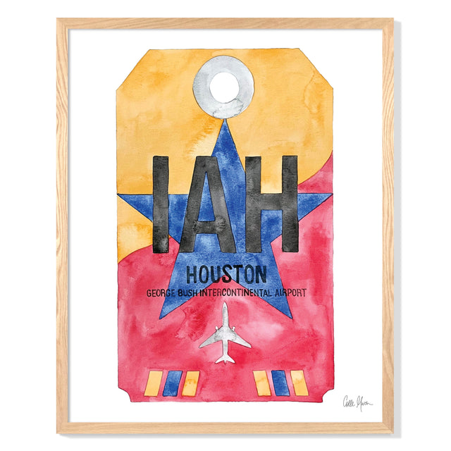 Framed Watercolor Print of George Bush Intercontinental Airport (IAH) with an Oak Frame