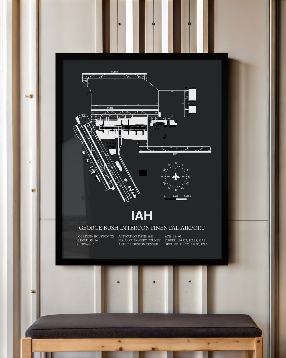 Framed Detailed Airport Map of George Bush Intercontinental Houston Airport (IAH) in Gray with a Black Frame