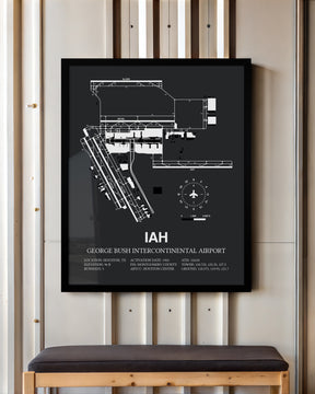 Framed Detailed Airport Map of George Bush Intercontinental Houston Airport (IAH) in Gray with a Black Frame