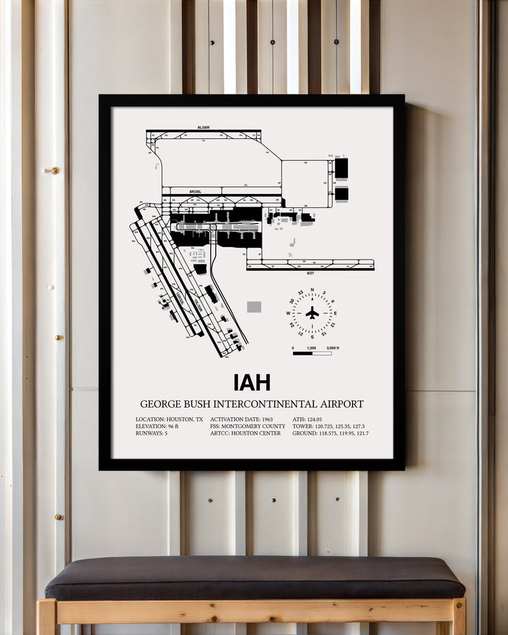 Framed Detailed Airport Map of George Bush Intercontinental Houston Airport (IAH) in White with a Black Frame