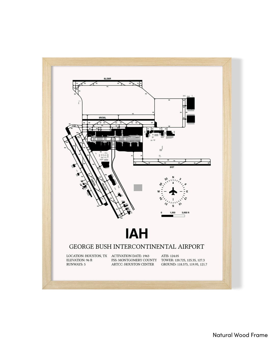 Detailed Airport Map of George Bush Intercontinental Houston Airport (IAH) in White with a Natural Frame
