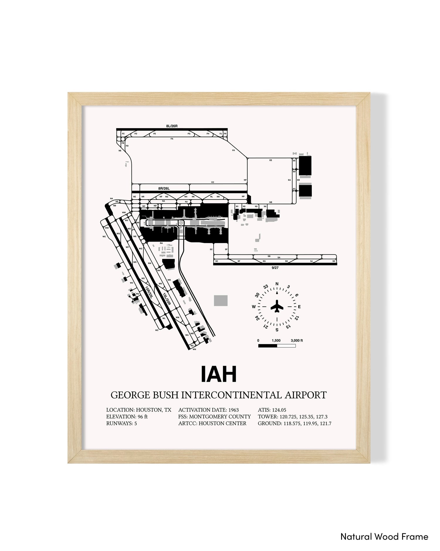 Detailed Airport Map of George Bush Intercontinental Houston Airport (IAH) in White with a Natural Frame