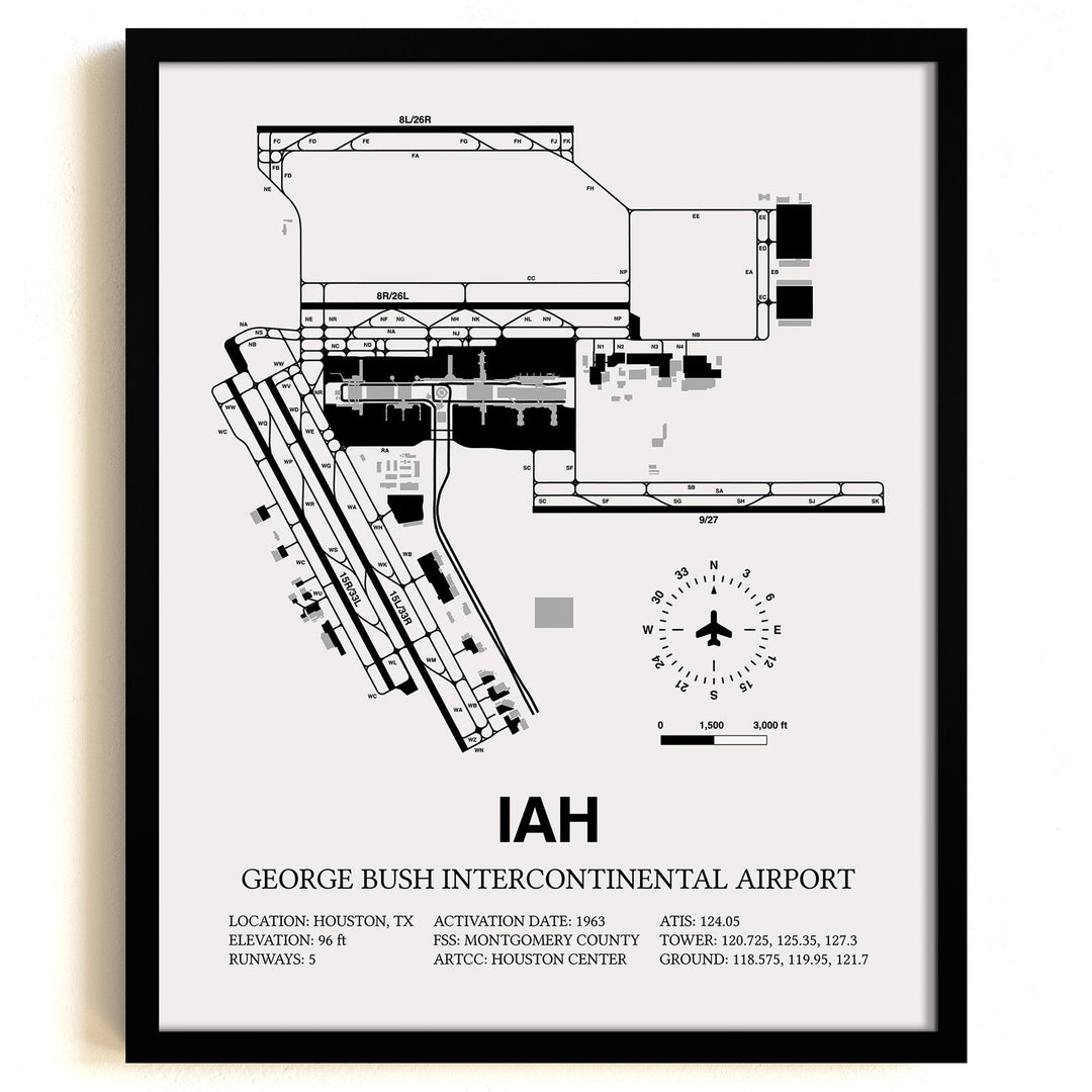 Framed Detailed Airport Map of George Bush Intercontinental Houston Airport (IAH) in White with a Black Frame