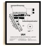 Framed Detailed Airport Map of George Bush Intercontinental Houston Airport (IAH) in White with a Black Frame