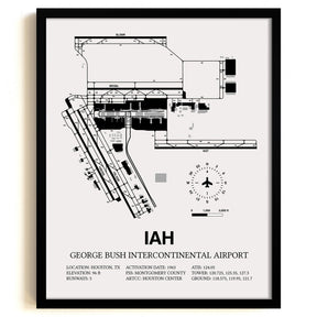 Framed Detailed Airport Map of George Bush Intercontinental Houston Airport (IAH) in White with a Black Frame