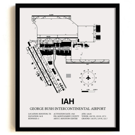 Framed Detailed Airport Map of George Bush Intercontinental Houston Airport (IAH) in White with a Black Frame