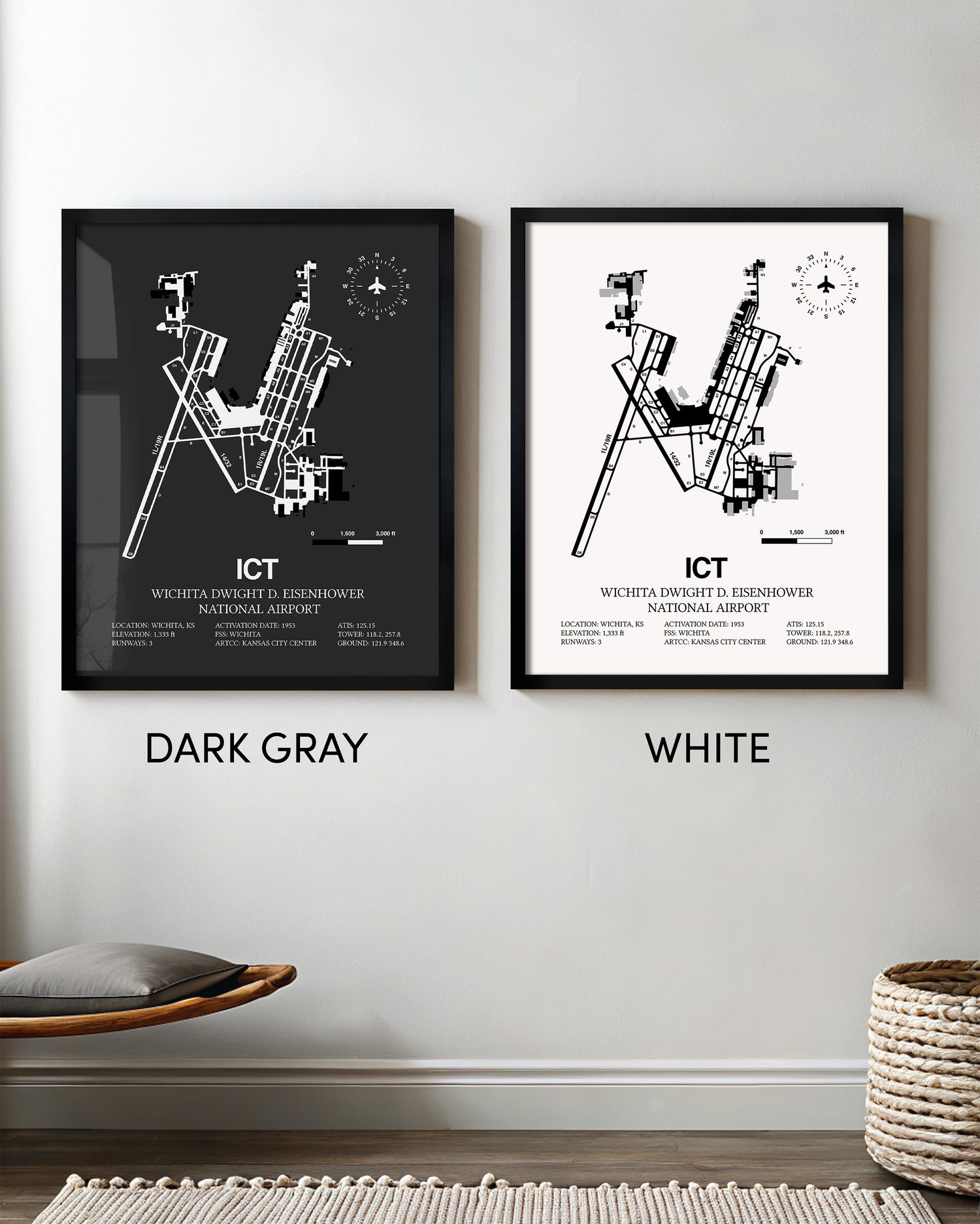 Framed Detailed Airport Map of Wichita Dwight D. Eisenhower National Airport (ICT) in White and Gray