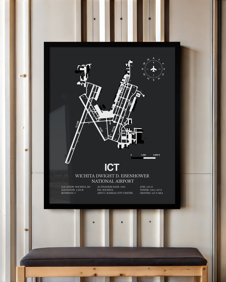 Framed Detailed Airport Map of Wichita Dwight D. Eisenhower National Airport (ICT) in Gray with a Black Frame