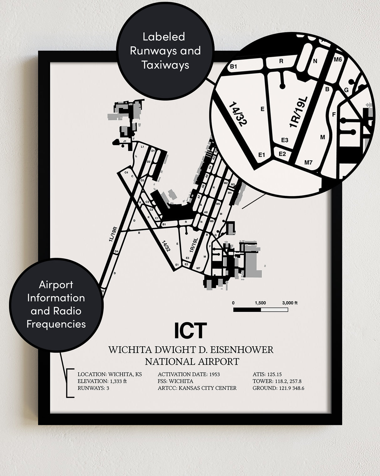 Framed Detailed Airport Map of Wichita Dwight D. Eisenhower National Airport (ICT) in White with a Black Frame