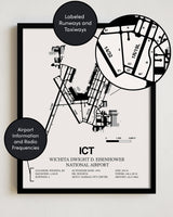 Framed Detailed Airport Map of Wichita Dwight D. Eisenhower National Airport (ICT) in White with a Black Frame