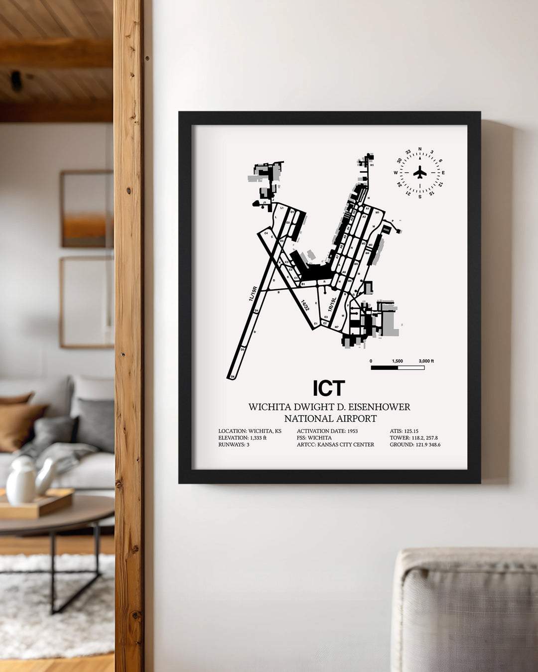 Framed Detailed Airport Map of Wichita Dwight D. Eisenhower National Airport (ICT) in White with a Black Frame