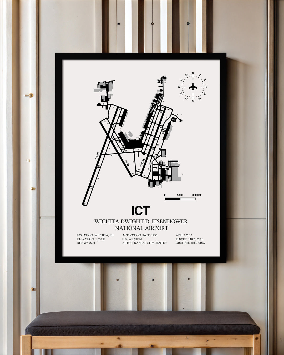 Framed Detailed Airport Map of Wichita Dwight D. Eisenhower National Airport (ICT) in White with a Black Frame