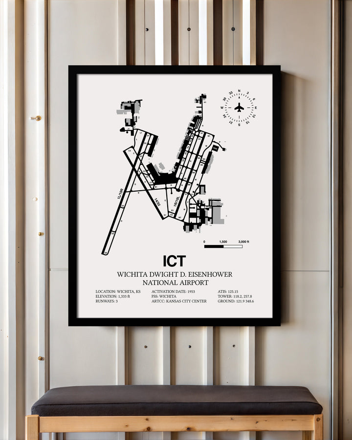 Framed Detailed Airport Map of Wichita Dwight D. Eisenhower National Airport (ICT) in White with a Black Frame