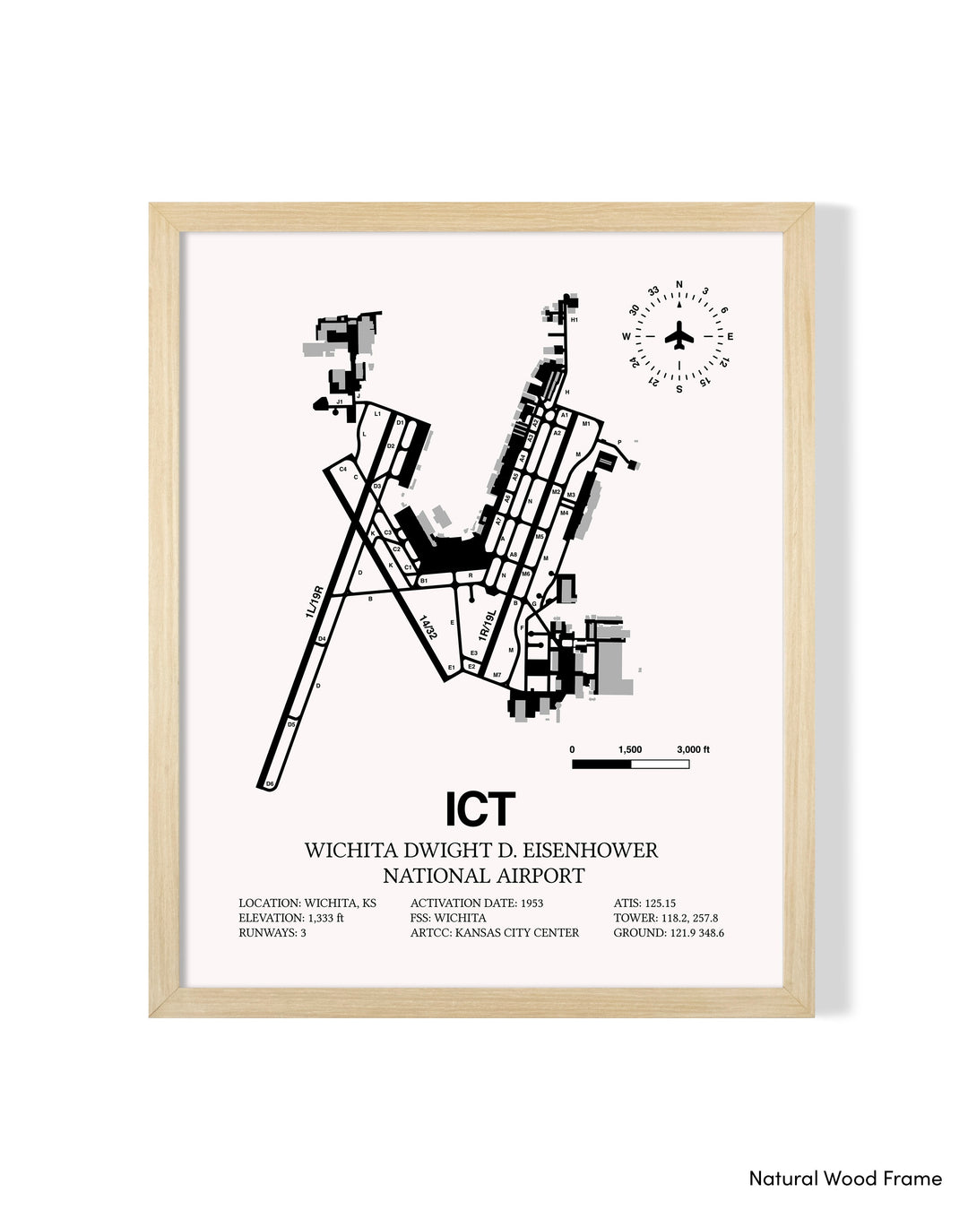 Detailed Airport Map of Wichita Dwight D. Eisenhower National Airport (ICT) in White with a Natural Frame