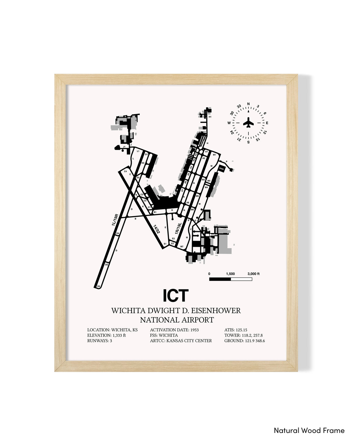 Detailed Airport Map of Wichita Dwight D. Eisenhower National Airport (ICT) in White with a Natural Frame