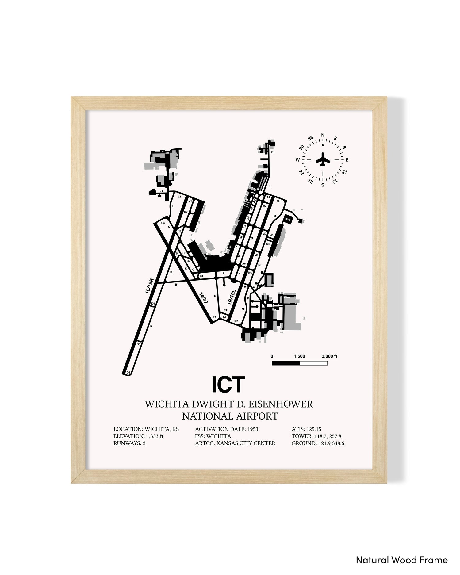 Detailed Airport Map of Wichita Dwight D. Eisenhower National Airport (ICT) in White with a Natural Frame