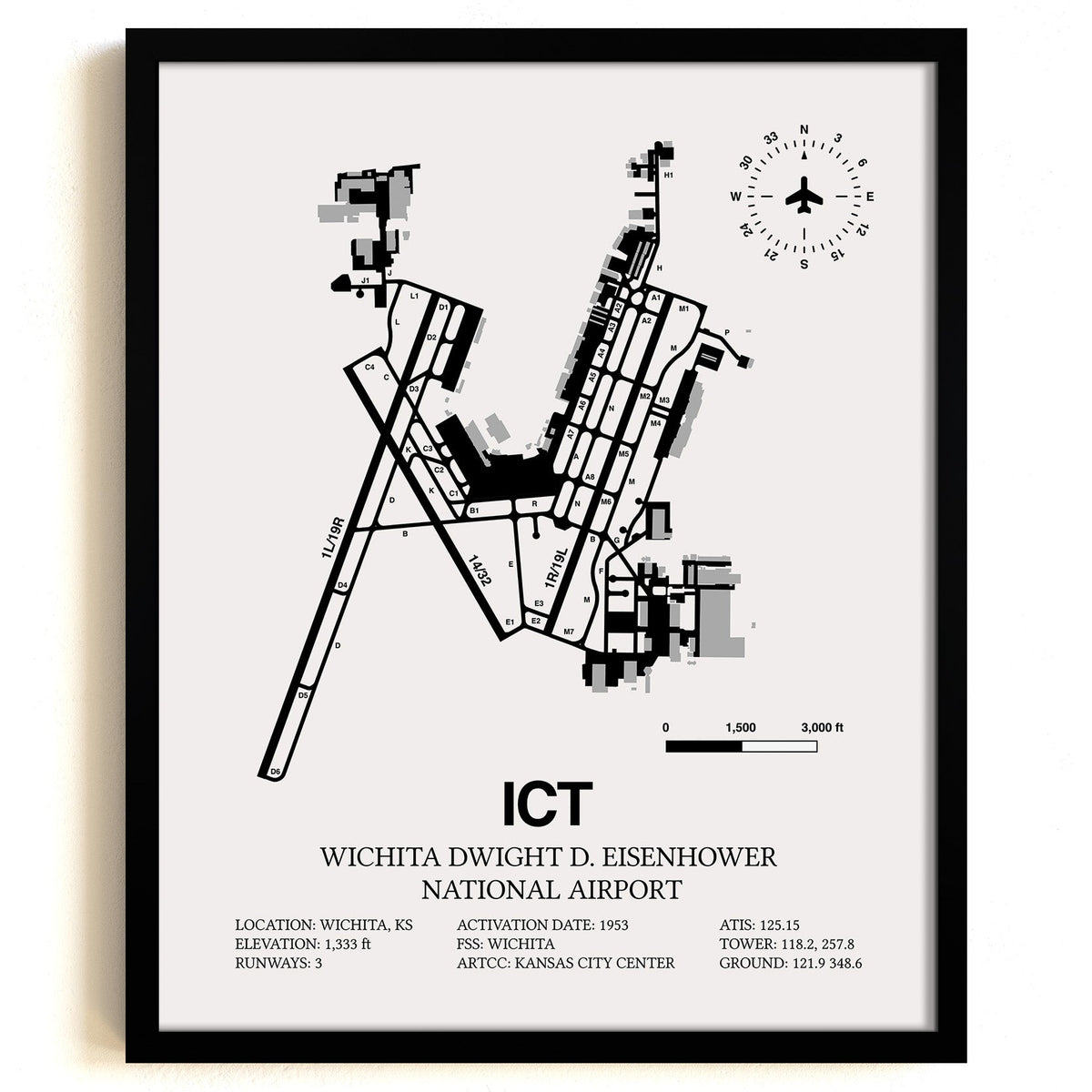 Framed Detailed Airport Map of Wichita Dwight D. Eisenhower National Airport (ICT) in White with a Black Frame