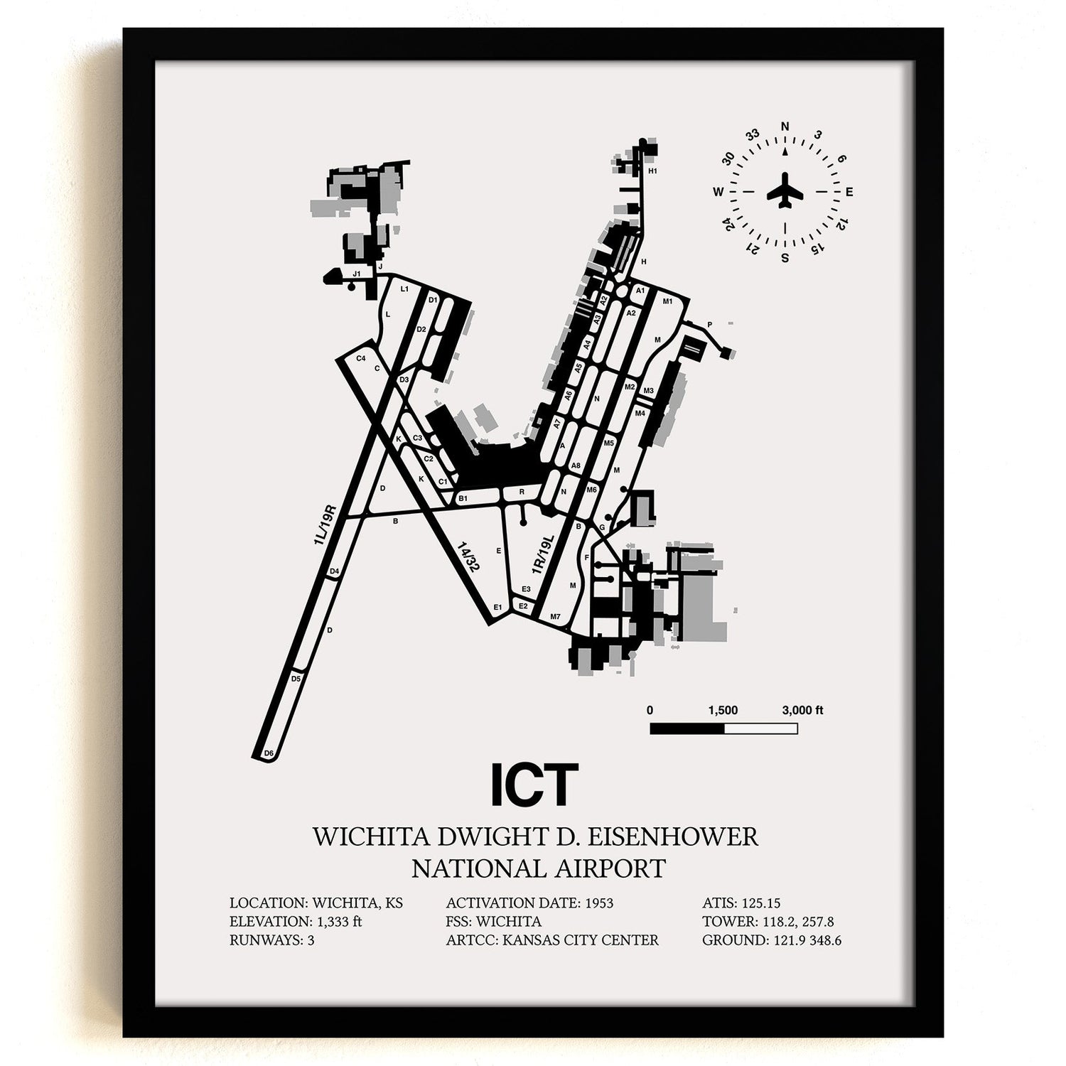 Framed Detailed Airport Map of Wichita Dwight D. Eisenhower National Airport (ICT) in White with a Black Frame