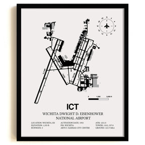 Framed Detailed Airport Map of Wichita Dwight D. Eisenhower National Airport (ICT) in White with a Black Frame