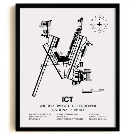Framed Detailed Airport Map of Wichita Dwight D. Eisenhower National Airport (ICT) in White with a Black Frame