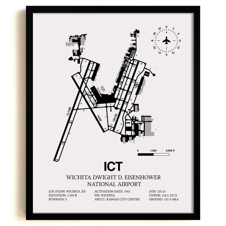Framed Detailed Airport Map of Wichita Dwight D. Eisenhower National Airport (ICT) in White with a Black Frame