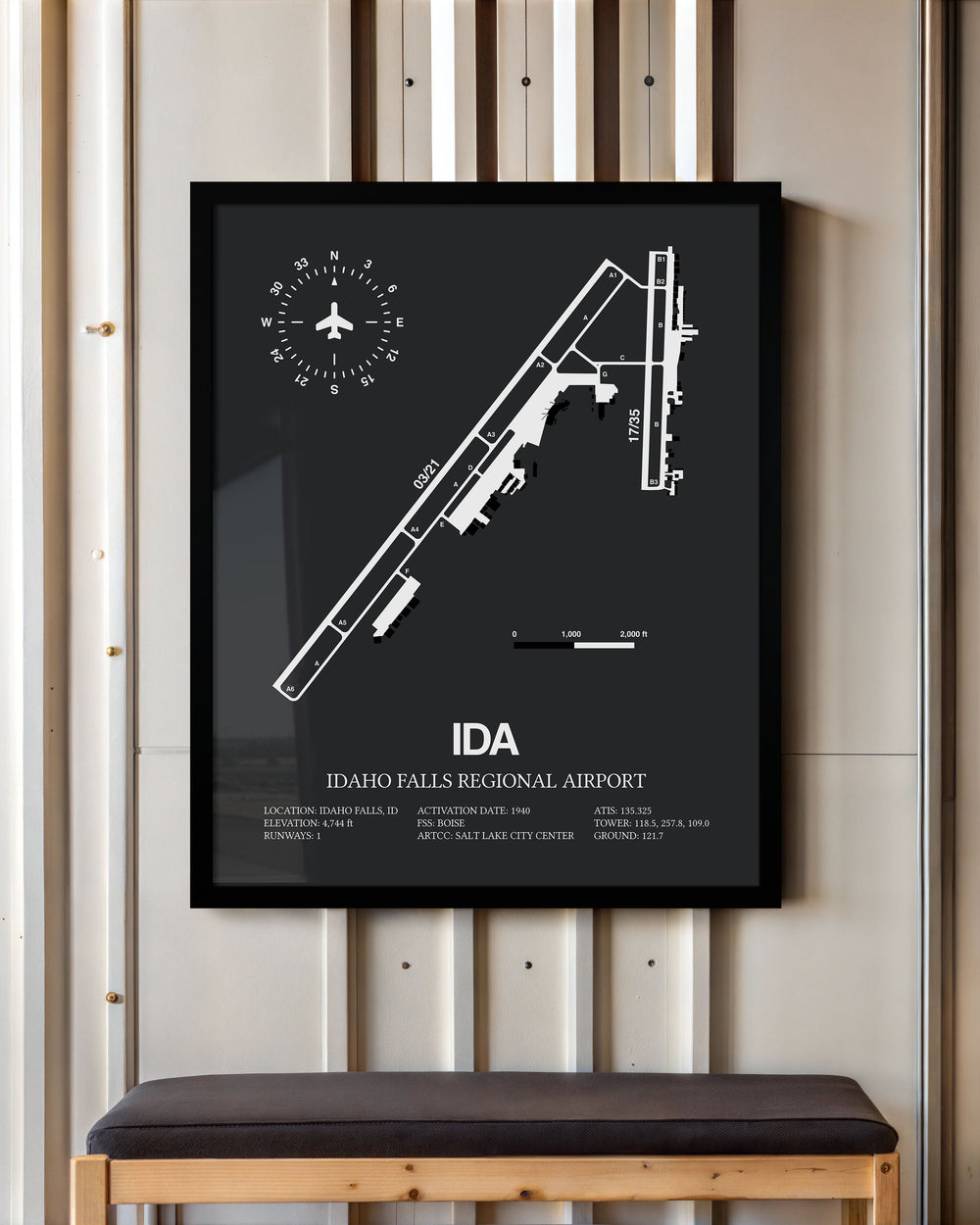 Framed Detailed Airport Map of Idaho Falls Regional Airport (IDA) in Gray with a Black Frame