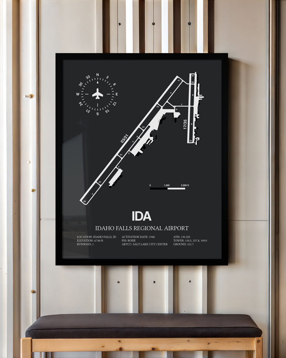 Framed Detailed Airport Map of Idaho Falls Regional Airport (IDA) in Gray with a Black Frame
