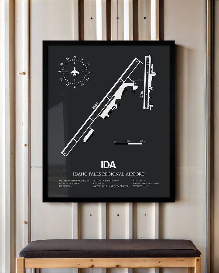 Framed Detailed Airport Map of Idaho Falls Regional Airport (IDA) in Gray with a Black Frame